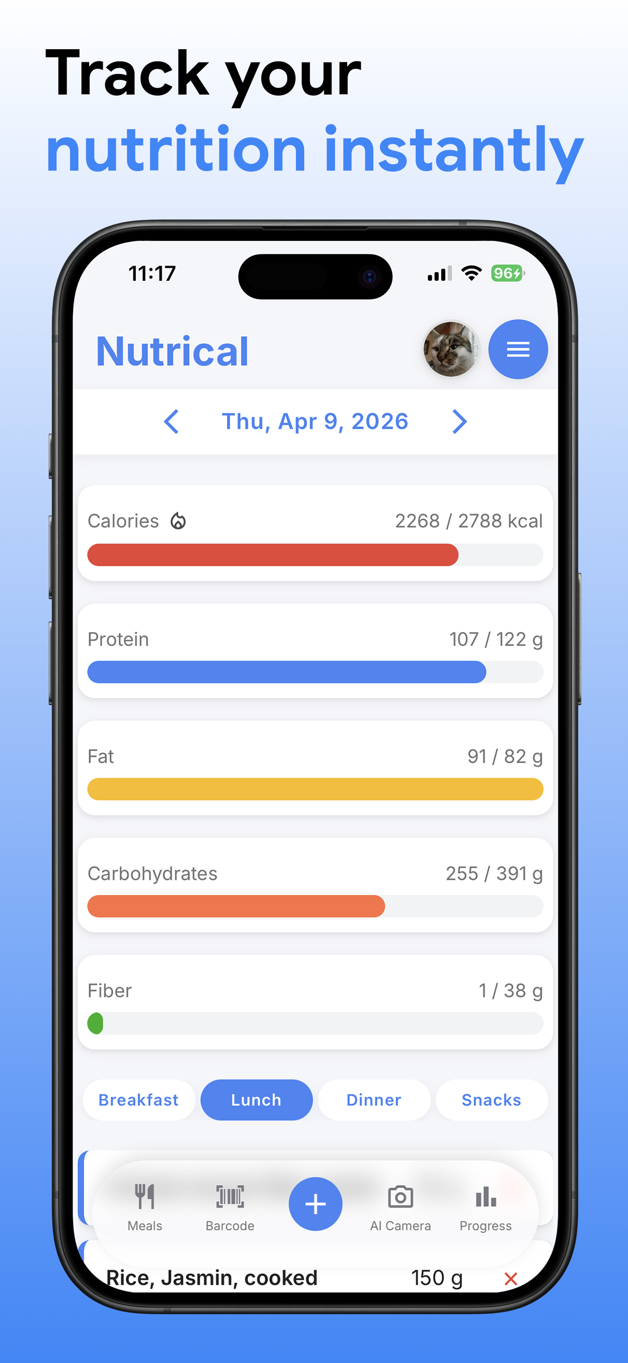 Nutrical home screen showing the daily calorie ring and macro breakdown