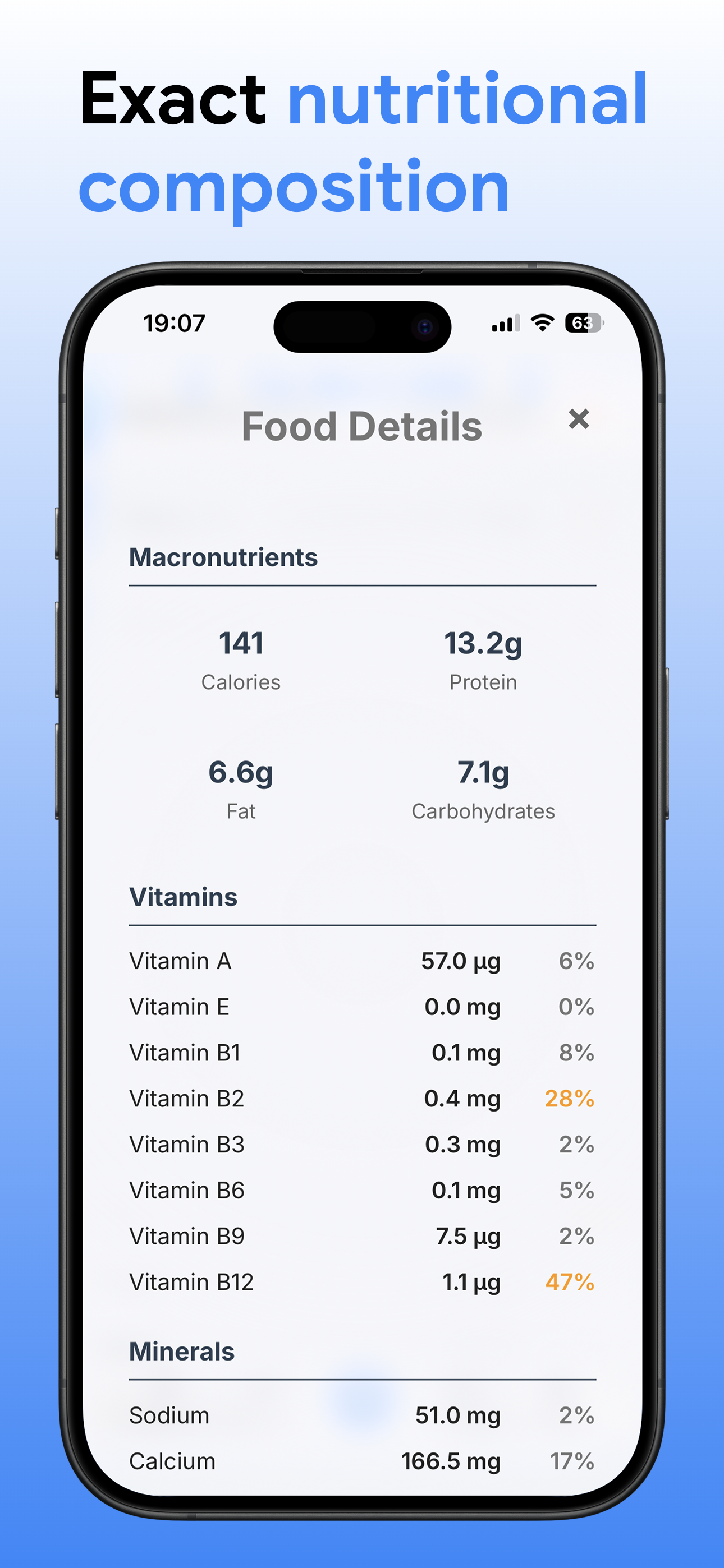 Logging a food item in Nutrical with search results
